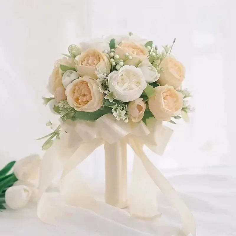 Buquê de Rosas Retro Champagne – Acessório para Noiva e Casamento